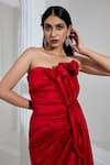 Shop_SWATI WADHWANI COUTURE_Red Satin Embroidered Cutdana Off-shoulder Draped Slit Gown _Online_at_Aza_Fashions