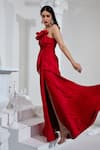 SWATI WADHWANI COUTURE_Red Satin Embroidered Cutdana Off-shoulder Draped Slit Gown _at_Aza_Fashions