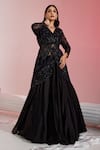 Buy_SWATI WADHWANI COUTURE_Black Net Embroidered Sequin V Neck Peplum Jacket Skirt Set _at_Aza_Fashions