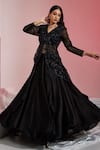 Shop_SWATI WADHWANI COUTURE_Black Net Embroidered Sequin V Neck Peplum Jacket Skirt Set _at_Aza_Fashions