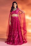 Buy_Kiyohra_Magenta Net Embroidered Glass Beads Leaf Krissa Floral Bridal Lehenga Set _at_Aza_Fashions