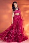 Shop_Kiyohra_Magenta Net Embroidered Glass Beads Leaf Krissa Floral Bridal Lehenga Set _Online_at_Aza_Fashions