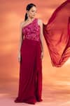 Buy_Kiyohra_Magenta Net Embellished Glass Beads One Shoulder Kelsea Floral Draped Gown _at_Aza_Fashions