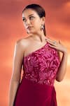 Shop_Kiyohra_Magenta Net Embellished Glass Beads One Shoulder Kelsea Floral Draped Gown _at_Aza_Fashions