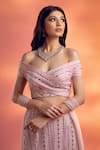 Shop_Kiyohra_Pink Net Embellished Flat Crystal Beads Off Shoulder Skirt Blouse Set _at_Aza_Fashions