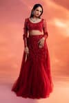 Buy_Kiyohra_Red Net Embellished Glass Beads And Round Eden Floral Fish Tail Lehnga Set _at_Aza_Fashions