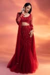 Kiyohra_Red Net Embellished Glass Beads And Round Eden Floral Fish Tail Lehnga Set _Online_at_Aza_Fashions