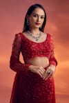 Shop_Kiyohra_Red Net Embellished Glass Beads And Round Eden Floral Fish Tail Lehnga Set _Online_at_Aza_Fashions