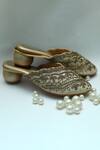 Foot Fuel_Gold Embroidery Nihaa Zardozi Floral Mule Heels _Online_at_Aza_Fashions