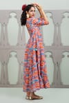 Lila_Red Cotton-silk Blend Embroidered Ikat V-neck Pattern Flared Dress _Online_at_Aza_Fashions