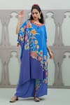 Buy_Lila_Blue Crepe Embroidered Floral Round Blossom Pattern Flared Kurta With Pant _at_Aza_Fashions