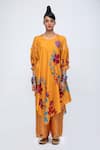 Buy_Lila_Yellow Cotton Silk Blend Printed Floral Round Cara Asymmetric Kurta And Pant Set _at_Aza_Fashions