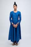 Lila_Blue Cotton Silk Blend Embroidered Mirror Round Neelam Anarkali Pant Set _at_Aza_Fashions