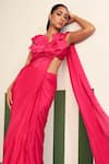 Shop_Reeti Arneja_Pink Blouse Pleated Satin Embroidery 3d Leaf Mirah Pre-stitched Saree With_Online_at_Aza_Fashions