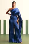 Buy_Reeti Arneja_Blue Pleated Satin Plain Asymmetric Neck Evara Draped Jumpsuit _at_Aza_Fashions