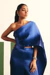 Buy_Reeti Arneja_Blue Pleated Satin Plain Asymmetric Neck Evara Draped Jumpsuit _Online_at_Aza_Fashions