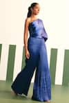 Shop_Reeti Arneja_Blue Pleated Satin Plain Asymmetric Neck Evara Draped Jumpsuit _Online_at_Aza_Fashions