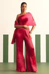 Reeti Arneja_Pink Pleated Satin Plain Asymmetric Neck Evara Jumpsuit _Online_at_Aza_Fashions