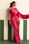 Reeti Arneja_Pink Pleated Satin Plain Asymmetric Neck Evara Jumpsuit _at_Aza_Fashions