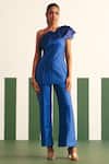 Reeti Arneja - Theklub_Blue Silk, Satin Embroidery Asymmetric Ruth Placement 3d Leaf Top With Pant _Online_at_Aza_Fashions