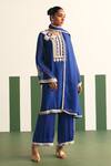 Reeti Arneja - Theklub_Blue Organza, Cotton Satin Embroidery Round Neck Irina Yoke Kurta Palazzo Set _Online_at_Aza_Fashions