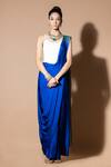 Buy_Zeefaa_Blue Modal Satin Solid Pre-draped Saree _at_Aza_Fashions