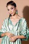 Shop_Zeefaa_Green Modal Satin Hand Embroidered Tie-dye V Neck Pattern Kaftan _Online_at_Aza_Fashions