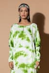 Zeefaa_Green Modal Satin Hand Embroidered Tie-dye Round Neck Kaftan _Online_at_Aza_Fashions