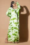 Shop_Zeefaa_Green Modal Satin Hand Embroidered Tie-dye Round Neck Kaftan _Online_at_Aza_Fashions