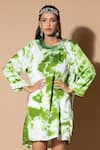 Buy_Zeefaa_Green Modal Satin Hand Embroidered Tie-dye Round Pattern Dress _Online_at_Aza_Fashions