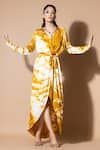 Buy_Zeefaa_Yellow Modal Satin Tie-dye V Neck Pattern Asymmetric Dress _at_Aza_Fashions