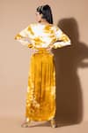 Shop_Zeefaa_Yellow Modal Satin Tie-dye V Neck Pattern Asymmetric Dress _at_Aza_Fashions