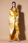 Zeefaa_Yellow Modal Satin Tie-dye V Neck Pattern Asymmetric Dress _Online_at_Aza_Fashions