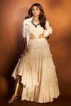 Buy_MATI_Off White 100% Cotton Plain Round Smocked Bodysuit And Fringed Lehenga Set 