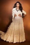 Shop_MATI_Off White 100% Cotton Plain Round Smocked Bodysuit And Fringed Lehenga Set 