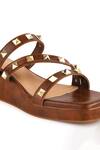 Buy_Kaltheos_Brown Embellished Cube Square Toe Strap Wedges 