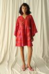 Shop_Jodi_Pink Cotton Embroidery V-neck Andretta Geometric Print Shift Dress _Online_at_Aza_Fashions
