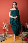 Buy_LABEL SHRISTI CHETANI_Green Crepe Embellished Sequin Off Shoulder Sasya Draped Dress _at_Aza_Fashions