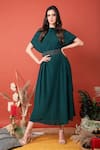 Buy_LABEL SHRISTI CHETANI_Green Crepe Boat Neck Khoob Poncho Sleeves Dress With Embellished Belt _at_Aza_Fashions