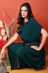 LABEL SHRISTI CHETANI_Green Crepe Boat Neck Khoob Poncho Sleeves Dress With Embellished Belt _Online_at_Aza_Fashions