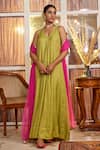 Buy_Nimbu Mirchi_Green Soft Tissue Embroidery Ditsy Flora Halter Anarkali With Dupatta  _at_Aza_Fashions