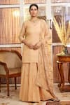 Buy_Nimbu Mirchi_Peach Tissue Embroidery Gota V Neck Lace Palazzo Kurta Set  _at_Aza_Fashions