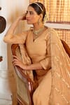 Nimbu Mirchi_Peach Tissue Embroidery Gota V Neck Lace Palazzo Kurta Set  _Online_at_Aza_Fashions