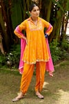 Buy_Nimbu Mirchi_Orange Pure Chanderi Embroidery Mukaish Floral Kurta Dhoti Pant Set _at_Aza_Fashions