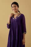 Tashee_Purple Chanderi Sequins, Beads V-neck Gathered Kurta Set _at_Aza_Fashions