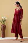 Buy_Tashee_Red Chanderi Sequins, Zari V-neck Neckline Embroidered Kurta And Pant Set _Online_at_Aza_Fashions