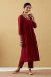 Shop_Tashee_Red Chanderi Sequins, Zari V-neck Neckline Embroidered Kurta And Pant Set _at_Aza_Fashions