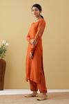 Tashee_Orange Chanderi Sequins, Zari Split V-neck Paisley Embroidered Kurta And Pant Set _Online_at_Aza_Fashions