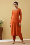 Tashee_Orange Chanderi Sequins, Zari, Beads Split V-neck Sleeve Embroidered Kurta Set _Online_at_Aza_Fashions