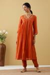 Buy_Tashee_Orange Chanderi Embroidery Thread V Neck Gathered Kurta And Pant Set _at_Aza_Fashions